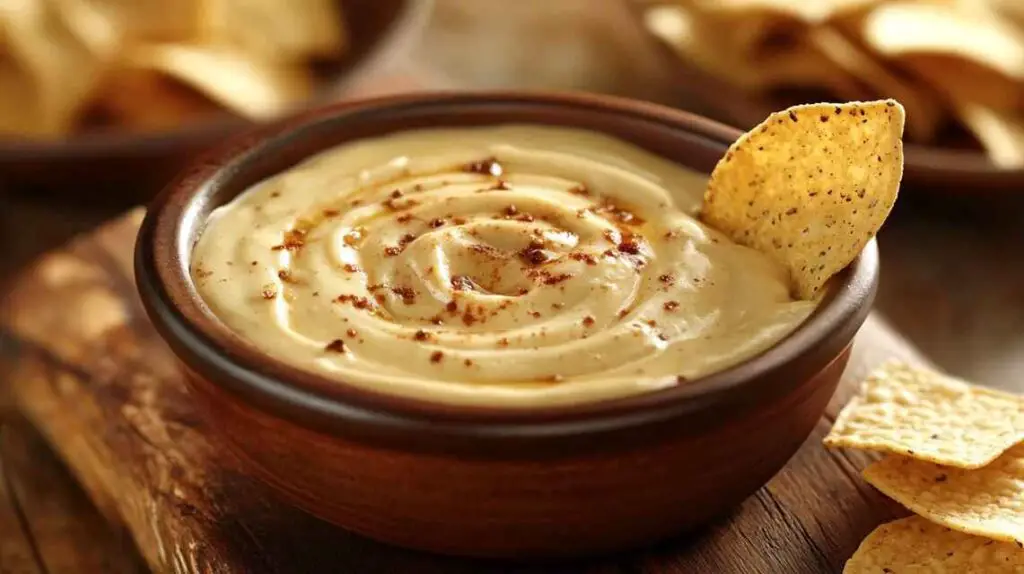 How to Make Velvety Chipotle Queso Like a Pro 12 A bowl of velvety chipotle queso with a golden, creamy texture, garnished with smoky chipotle peppers, served with crispy tortilla chips.