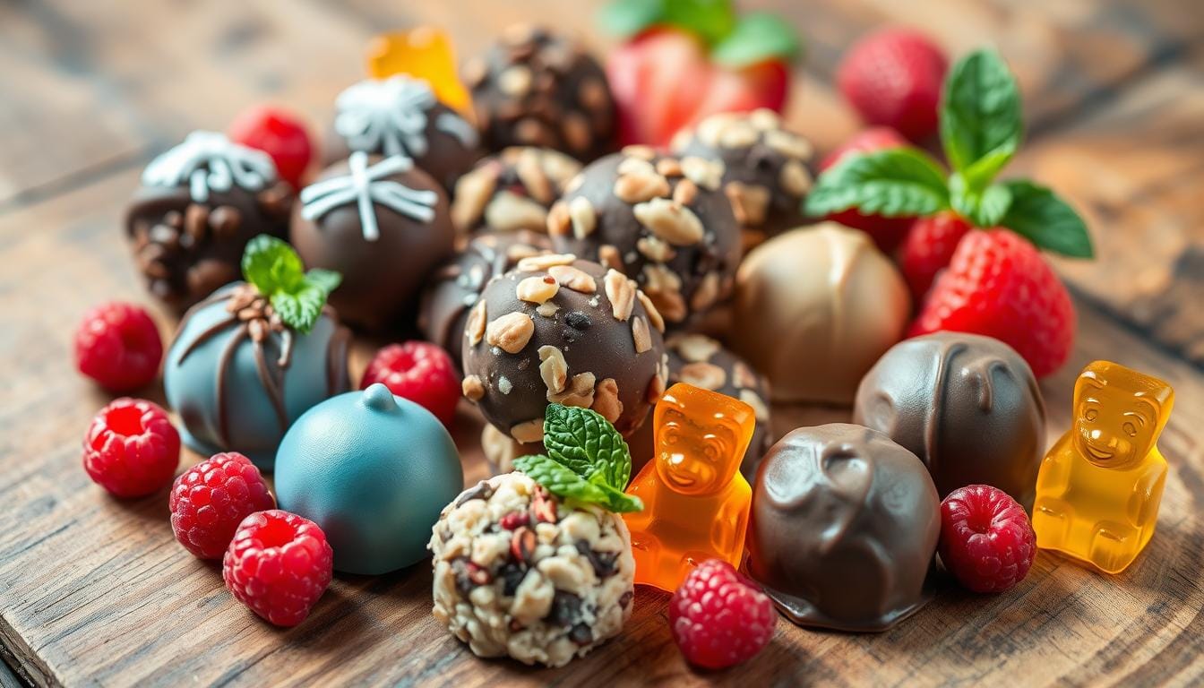"Assorted keto-friendly candies on a modern kitchen countertop with ingredients like coconut oil and dark chocolate."