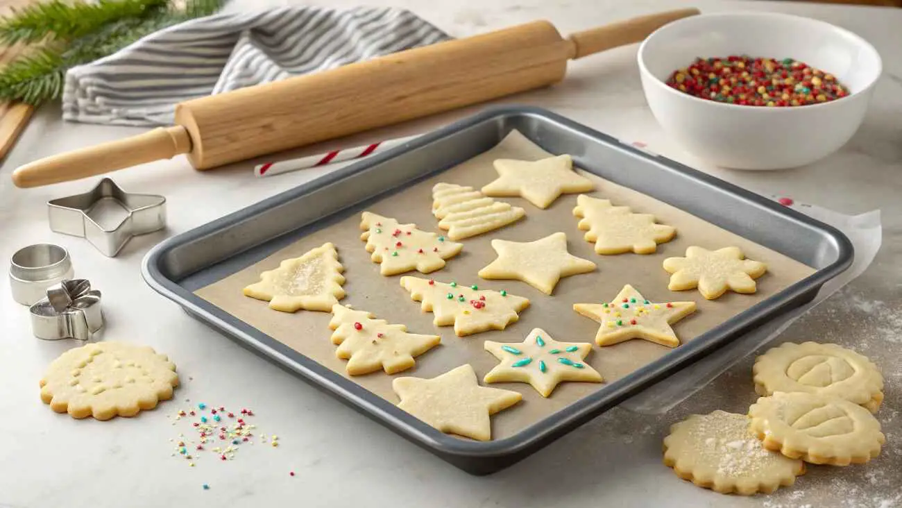 "Freshly baked rolled sugar cookies in festive shapes with icing and sprinkles on a baking tray in a cozy kitchen setting."