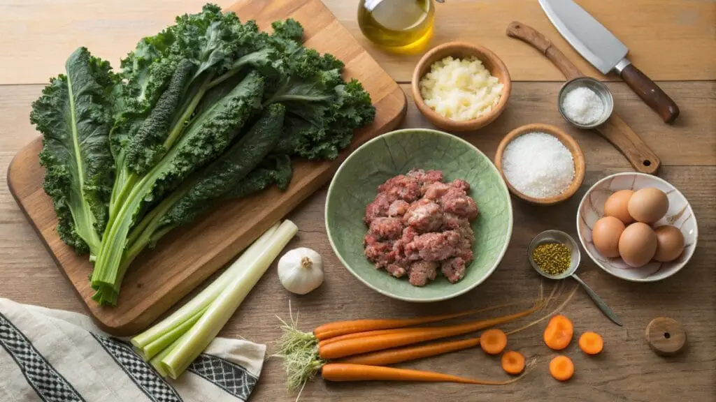 Minestra Maritata Italian Soup: Authentic Guide to Making This Traditional Italian Dish 9 Flat lay of fresh escarole, kale, and carrots on a rustic wooden surface, showcasing key ingredients used to prepare the traditional Maritata Italian Soup.