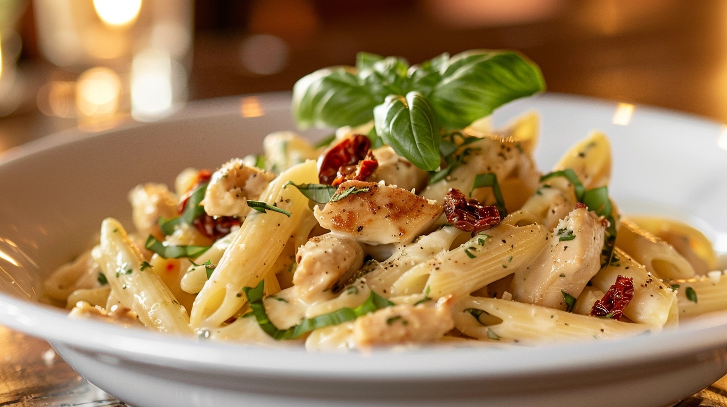 A creamy Marry Me Chicken Pasta dish garnished with fresh basil and Parmesan cheese, served in a white bowl.
