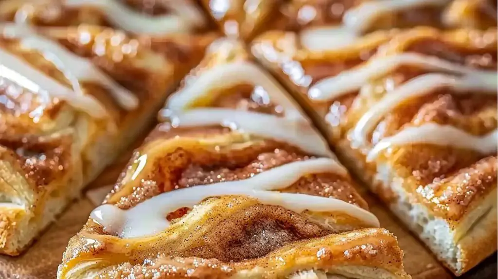 Golden-baked cinnamon-sugar pizza made with crescent rolls, sliced into squares and drizzled with icing on a wooden board