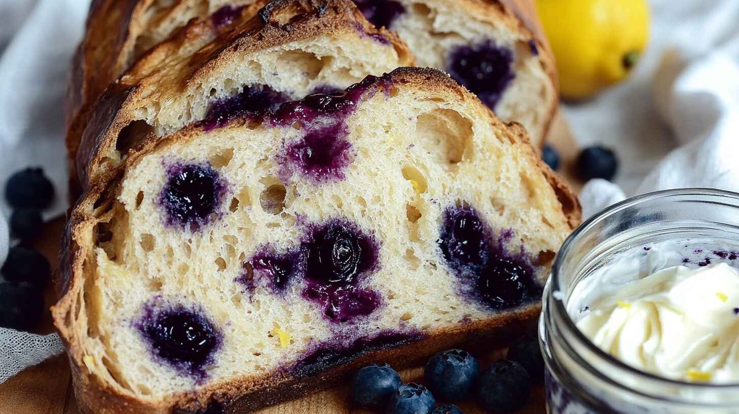 Lemon blueberry sourdough bread sliced on a cutting board with whipped blueberry butter