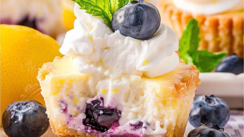 Flat lay of lemon blueberry mini cheesecakes topped with whipped cream and blueberries on a rustic table.