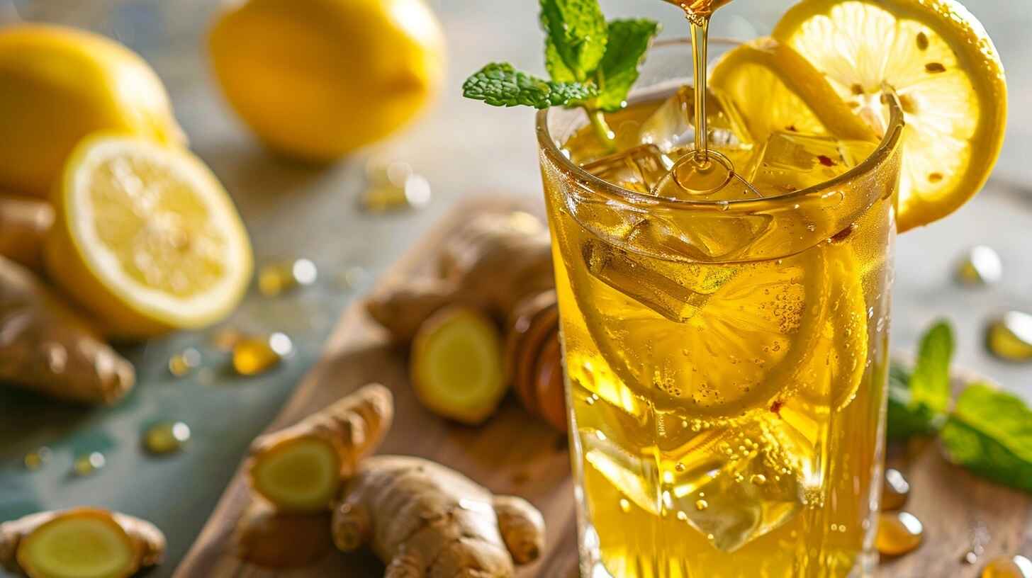 "A refreshing glass of Lemon Ginger Iced Green Tea with ice cubes, lemon slices, and fresh mint, drizzled with honey."