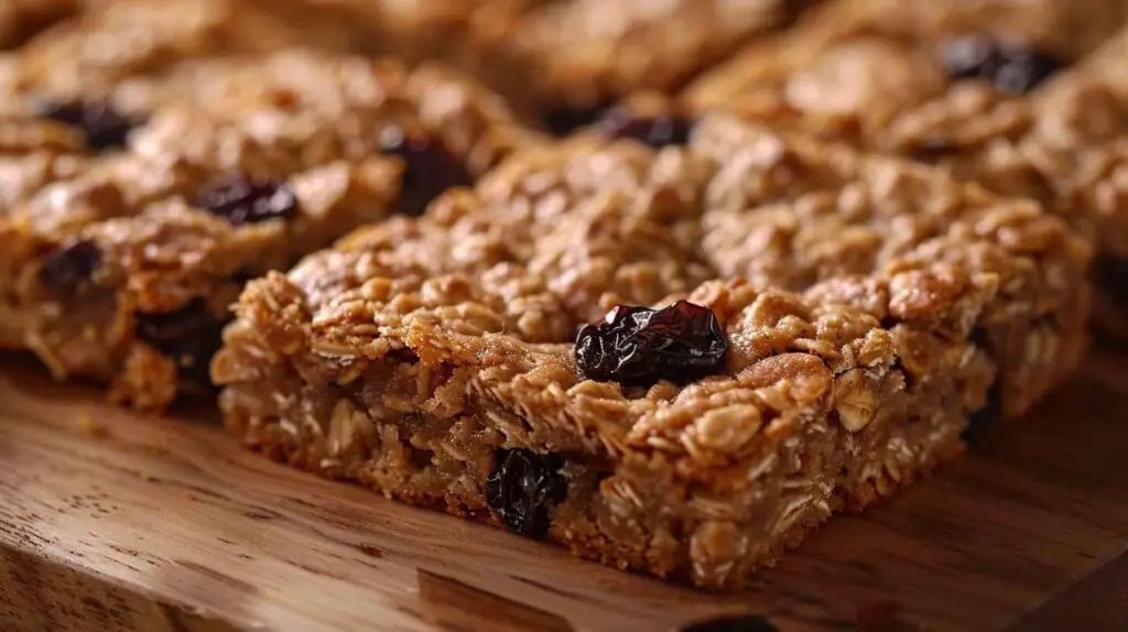 A batch of freshly baked oatmeal raisin cookie bars cut into squares on a wooden board.