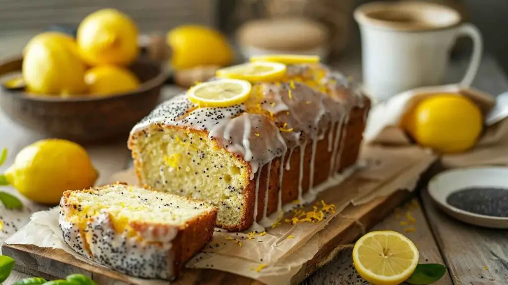 Freshly baked lemon poppy seed loaf with lemon glaze and poppy seed garnish on a rustic table.