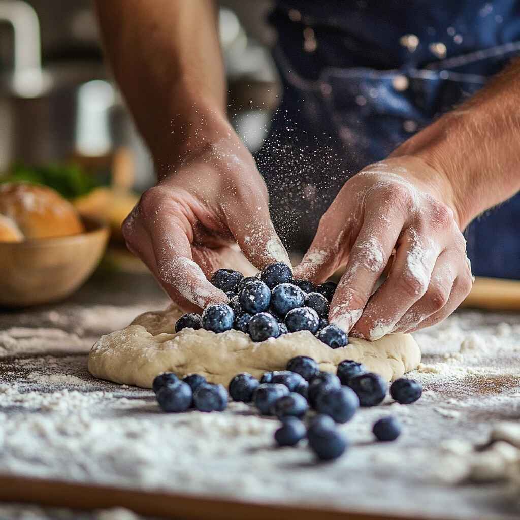 How to Make the Best Lemon Blueberry Sourdough Bread at Home 13 Folding fresh blueberries into sourdough dough by hand