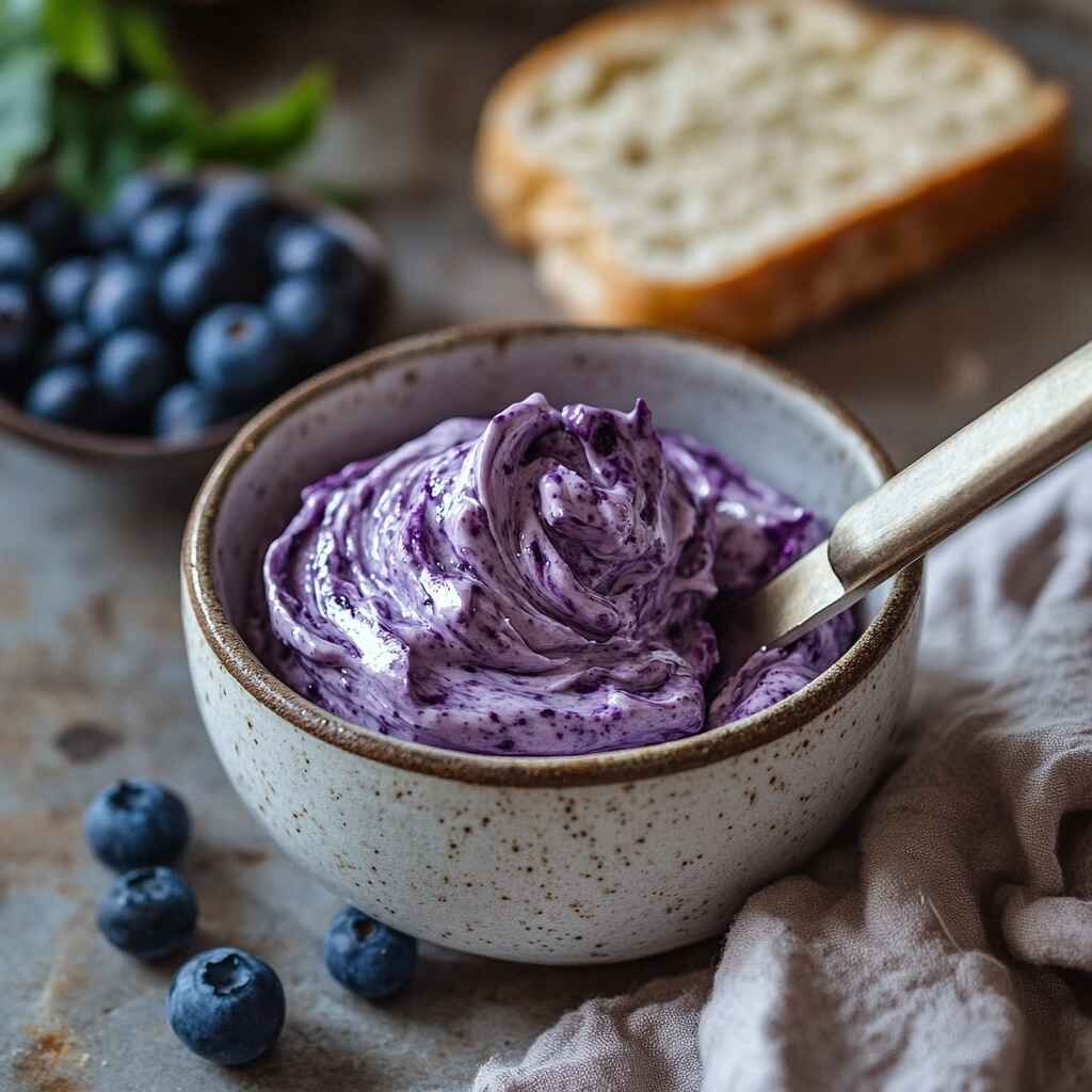 How to Make the Best Lemon Blueberry Sourdough Bread at Home 14 Whipped blueberry butter in a bowl with knife