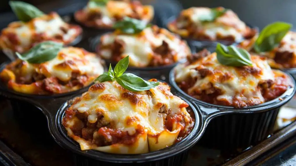 A tray of golden, cheesy muffin-tin lasagnas garnished with fresh basil, served on a rustic wooden table with marinara sauce and Parmesan.