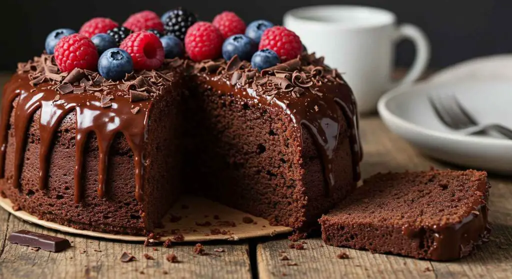 Decadent chocolate buttermilk cake with a rich ganache topping, sliced to show its moist interior.