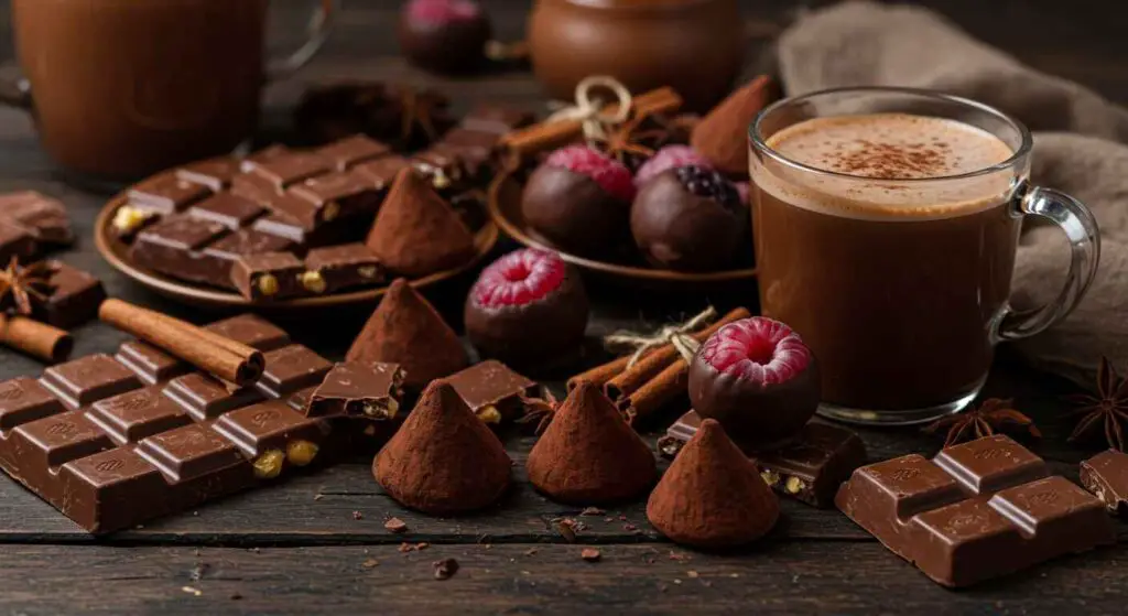 A beautifully arranged chocolate spread featuring truffles, bars, and a cup of hot chocolate on a rustic wooden table.