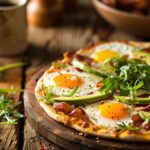 Delicious breakfast pizza with eggs, avocado, and bacon on a rustic table
