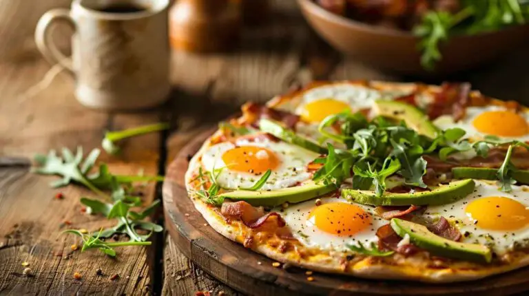 Delicious breakfast pizza with eggs, avocado, and bacon on a rustic table