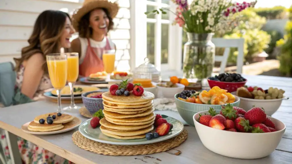 Brunch table with pancakes, fruit, and mimosas surrounded by happy friends.