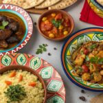 Colorful Moroccan feast featuring tagine, couscous, and traditional dishes.