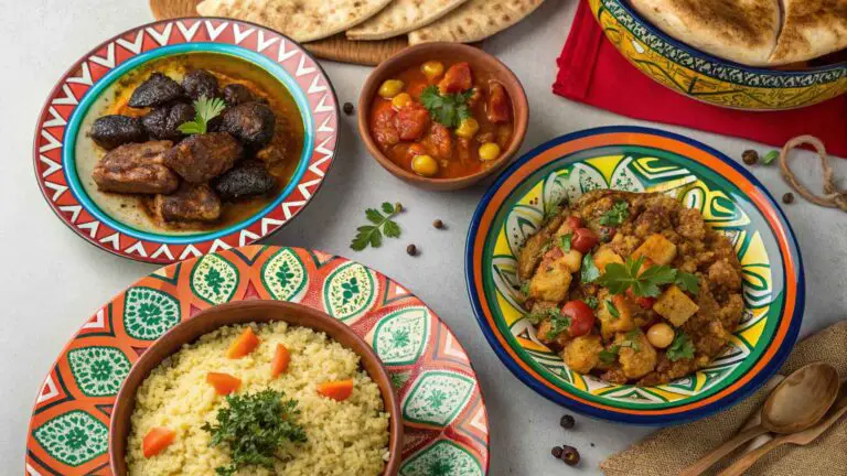 Colorful Moroccan feast featuring tagine, couscous, and traditional dishes.